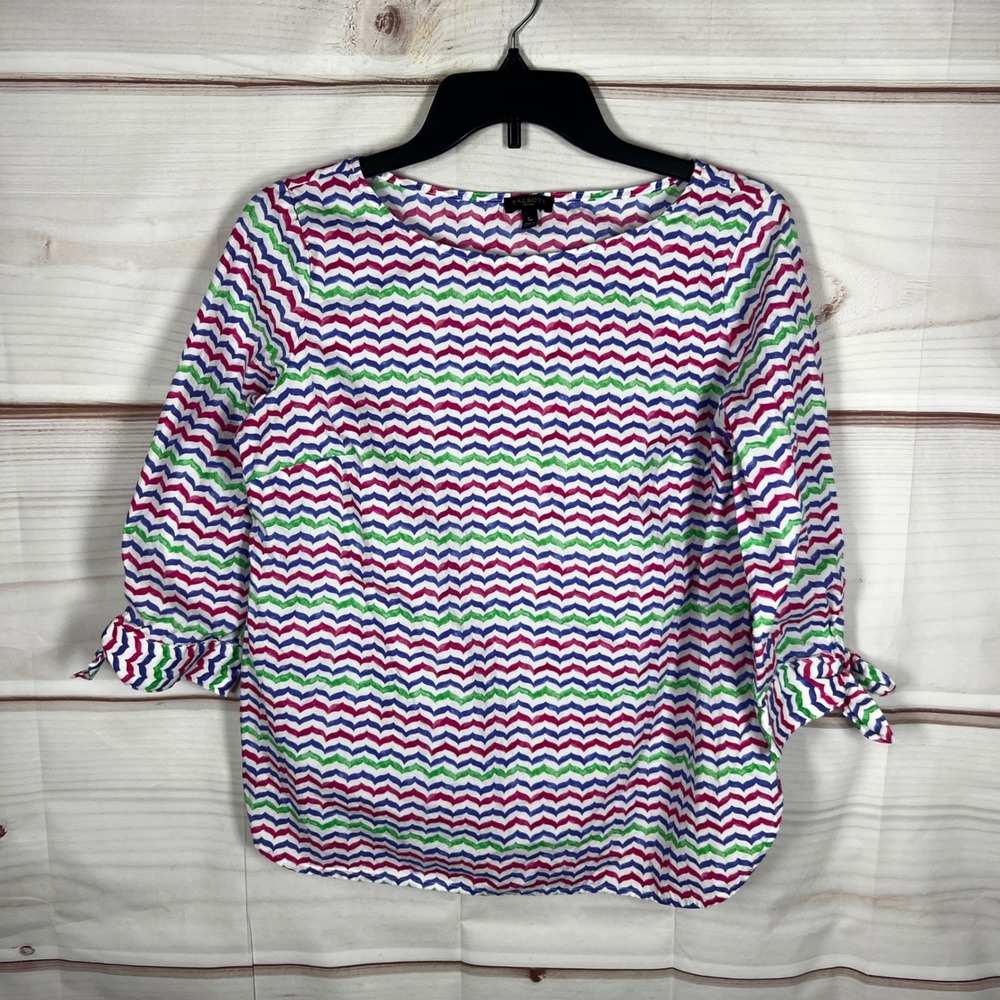 Talbots Boat Neck Blouse Womens SP Multicolor Chevron Tie Sleeve Cotton Preppy